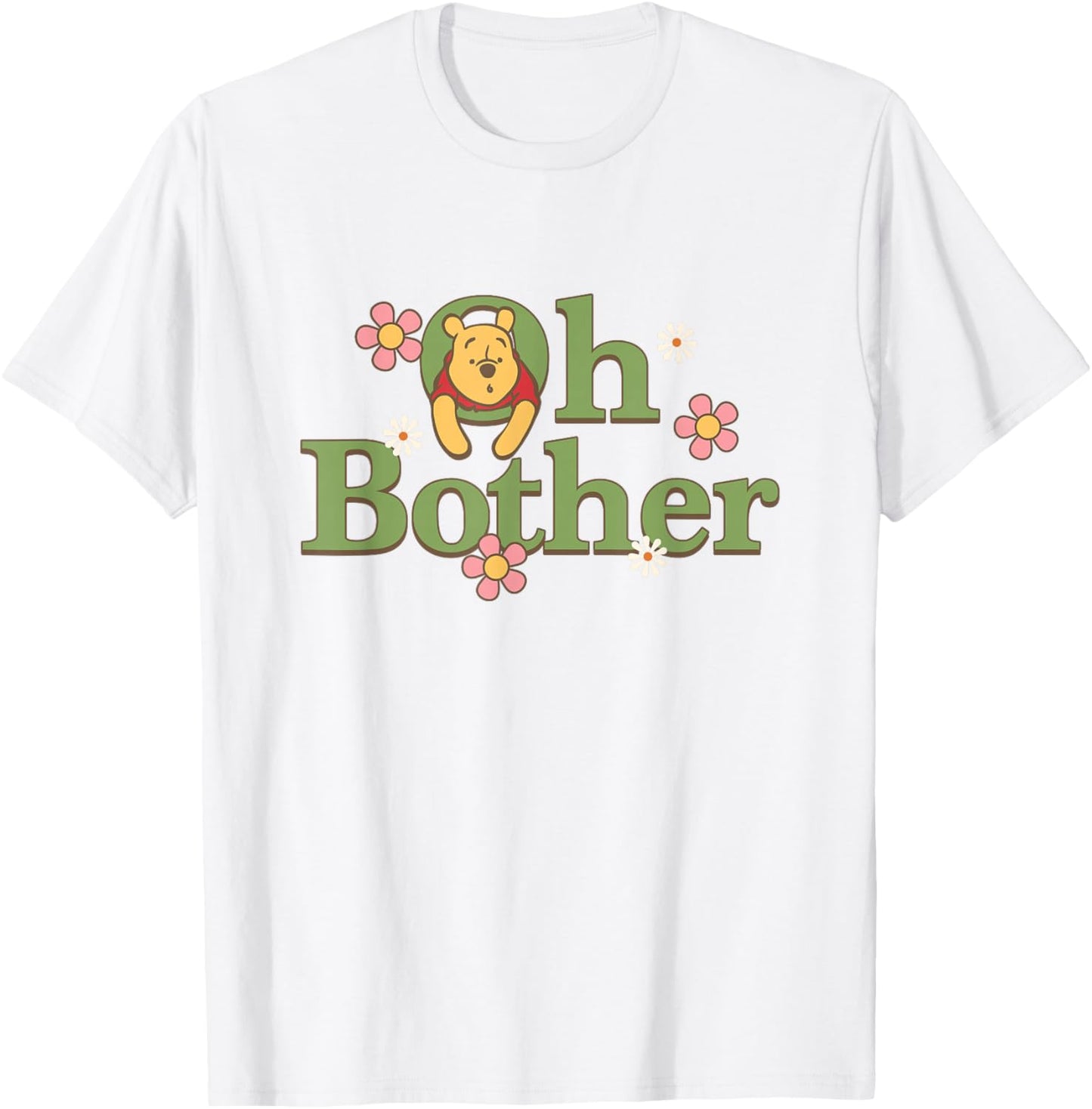 Disney Winnie the Pooh Oh Bother Cute Floral Chest Text Logo T-Shirt - T-Shirt | White