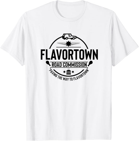 Flavortown Men And Women Foodies Gift Flavortown Road Commission Foodie American Fast Food BBQ T-Shirt - T-Shirt | White