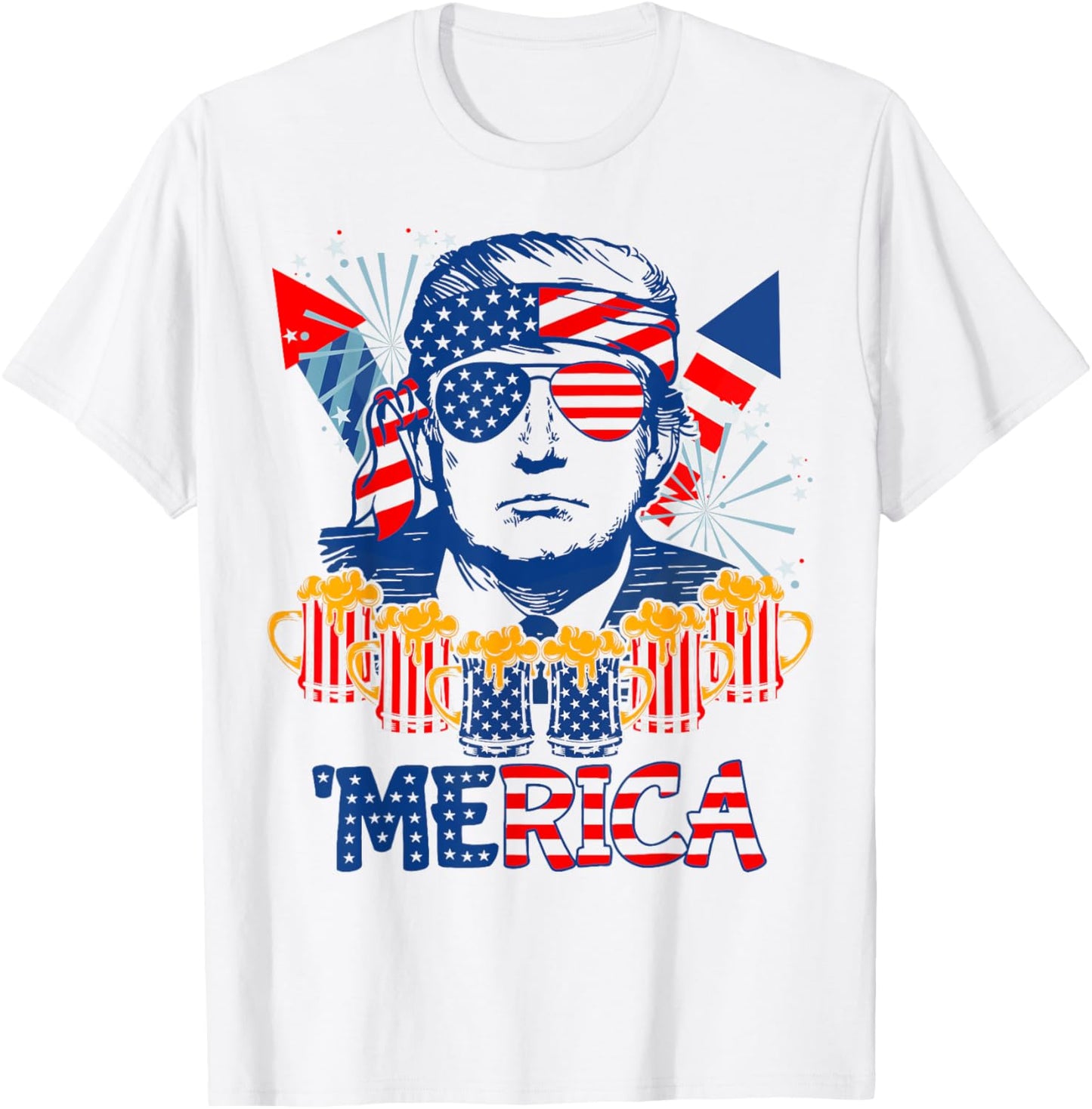 'MERICA TRUMP Drink Beer 4th Of July American Flag Fireworks Men T-Shirt - T-Shirt | White