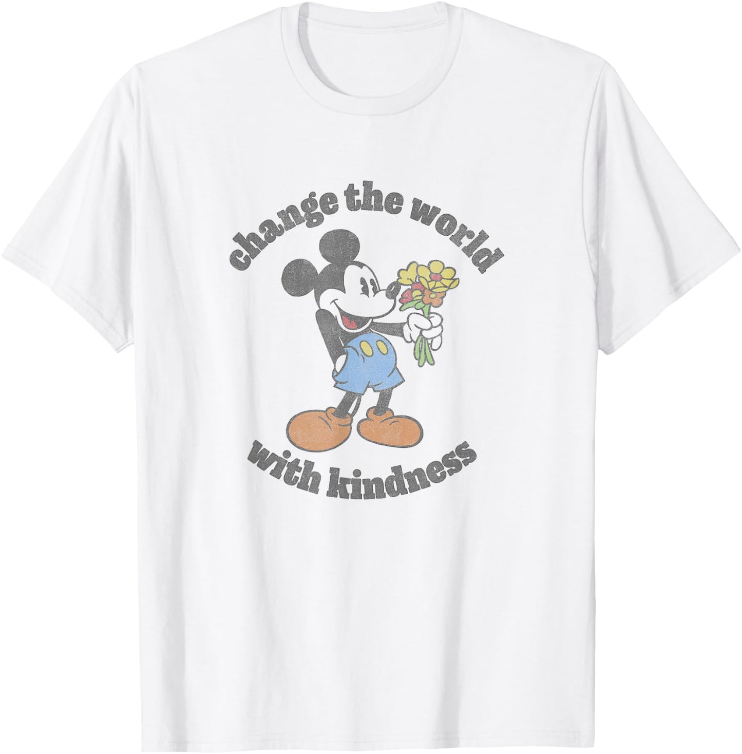 Disney Mickey With Flowers Change The World With Kindness T-Shirt - T-Shirt | White