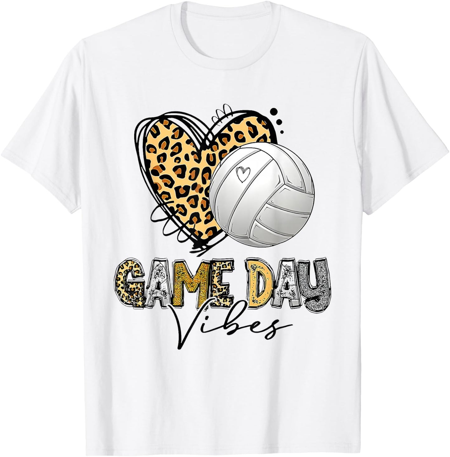Volleyball Game Day Vibes Sport Heart Leopard Print Women T-Shirt - T-Shirt | White