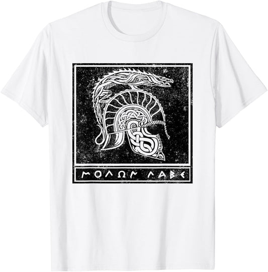 Distressed Molon Labe Celtic Tribal Spartan Warrior Helmet T-Shirt - T-Shirt | White