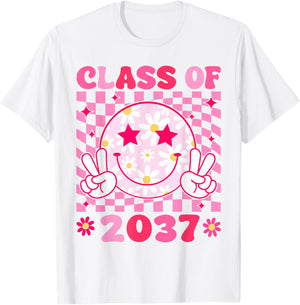 Groovy Class of 2037 Grow With Me Smile Face Back To School T-Shirt - T-Shirt | White