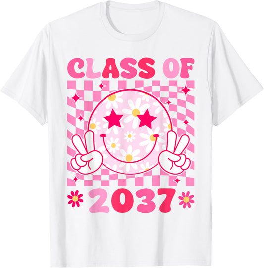 Groovy Class of 2037 Grow With Me Smile Face Back To School T-Shirt - T-Shirt | White