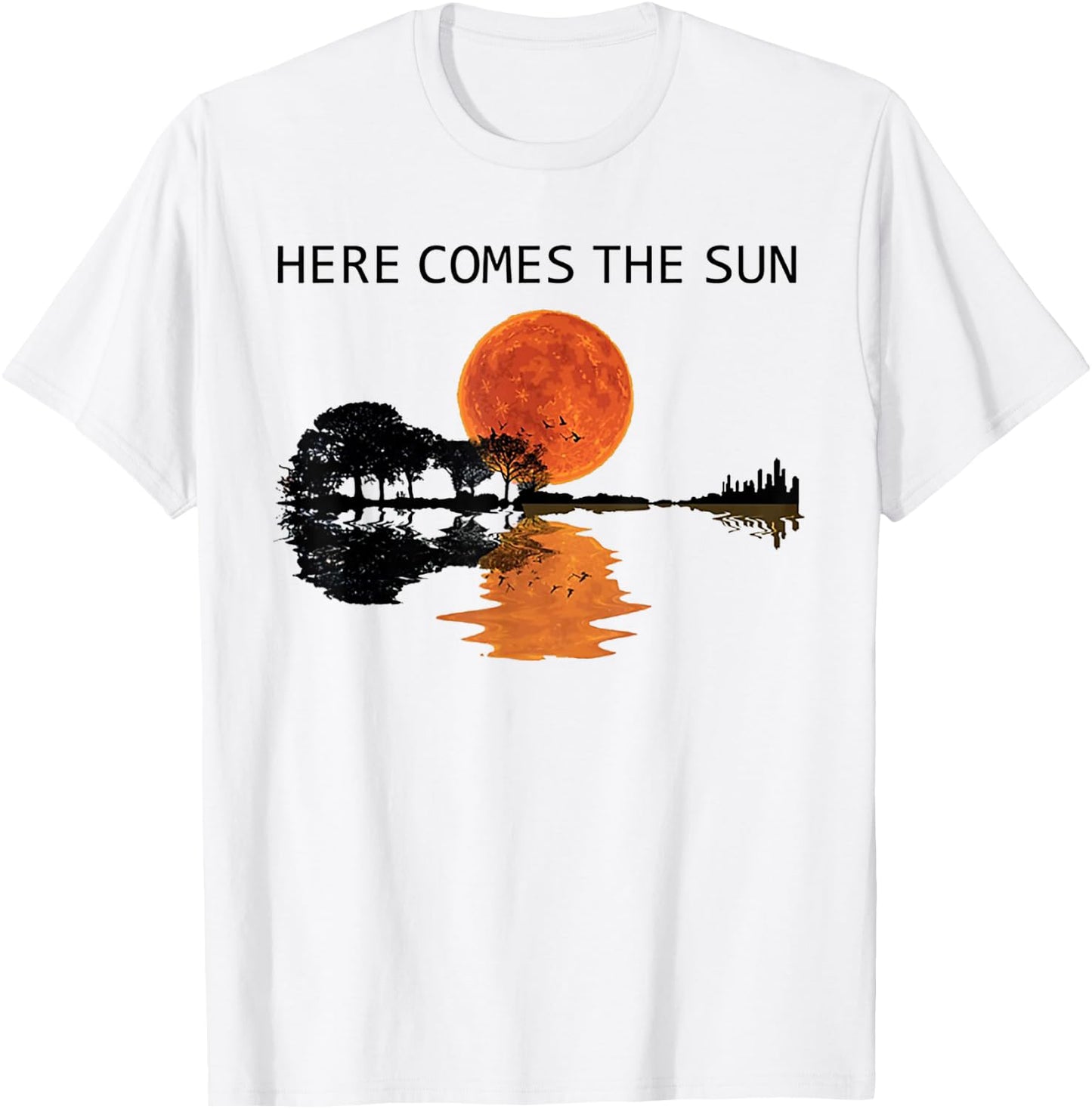 Here Comes The Sun Guitar Shadow Water Retro Sunset T-Shirt - T-Shirt | White
