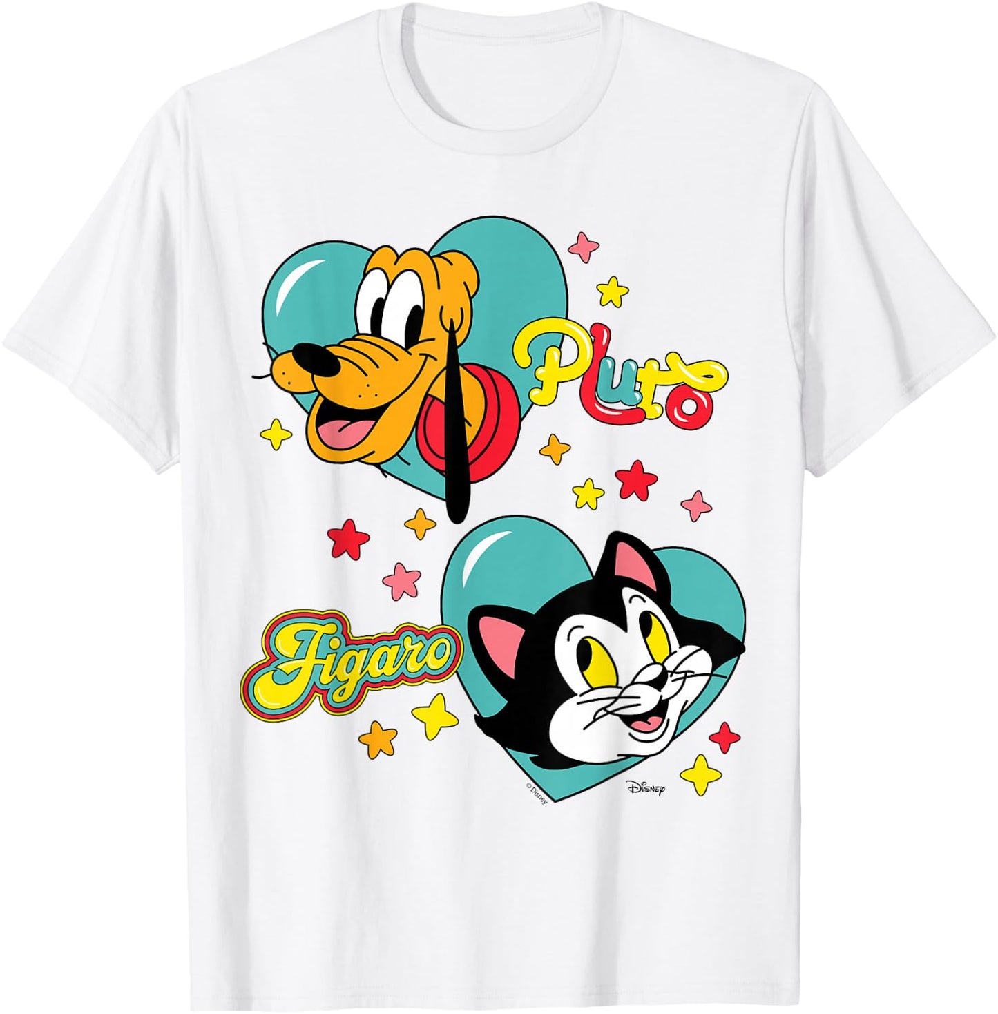 Pluto And Figaro Hearts And Stars T-Shirt - T-Shirt | White