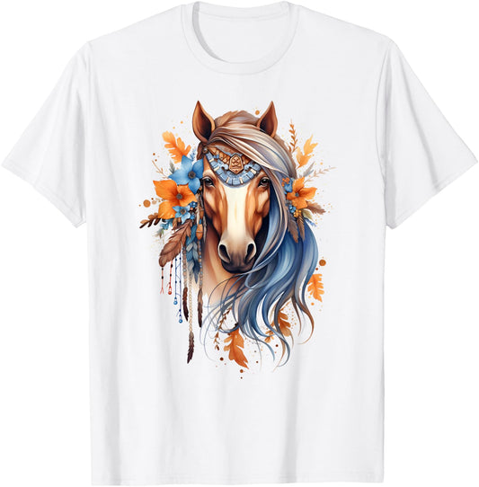 Floral Boho Horse Print Beautiful Rustic Hippie Aesthetic T-Shirt - T-Shirt | White