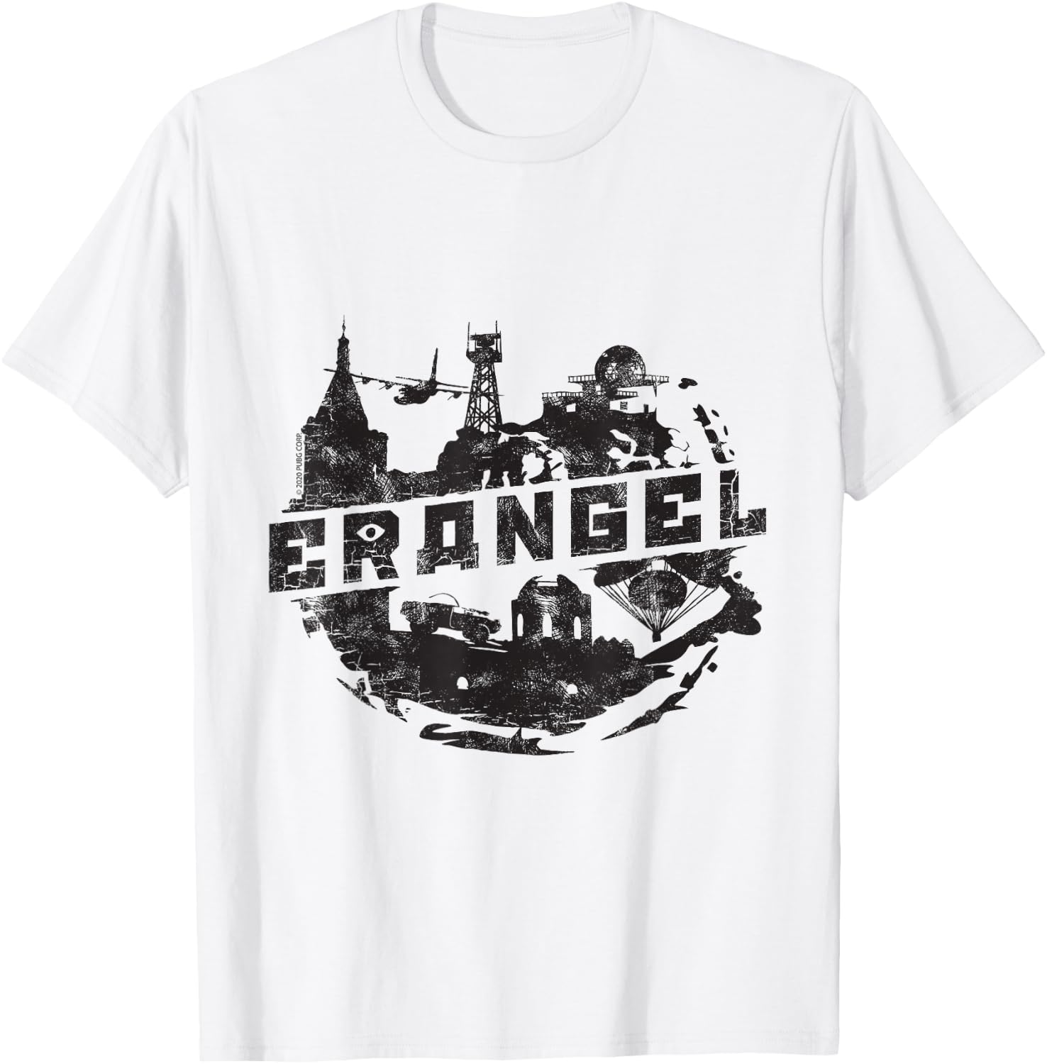 PUBG Erangel Logo - Men's Grey Cotton Polyester Blend Short Sleeve Classic Fit Collarless - Small T-Shirt - T-Shirt | White