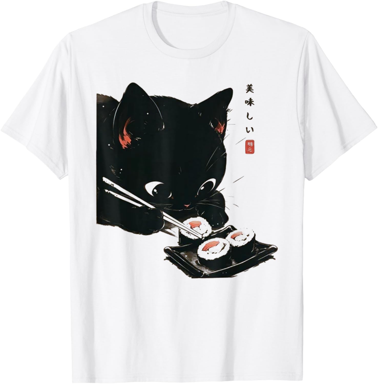 Black Cat Eating Sushi - Cat Japanese Art Women T-Shirt - T-Shirt | White
