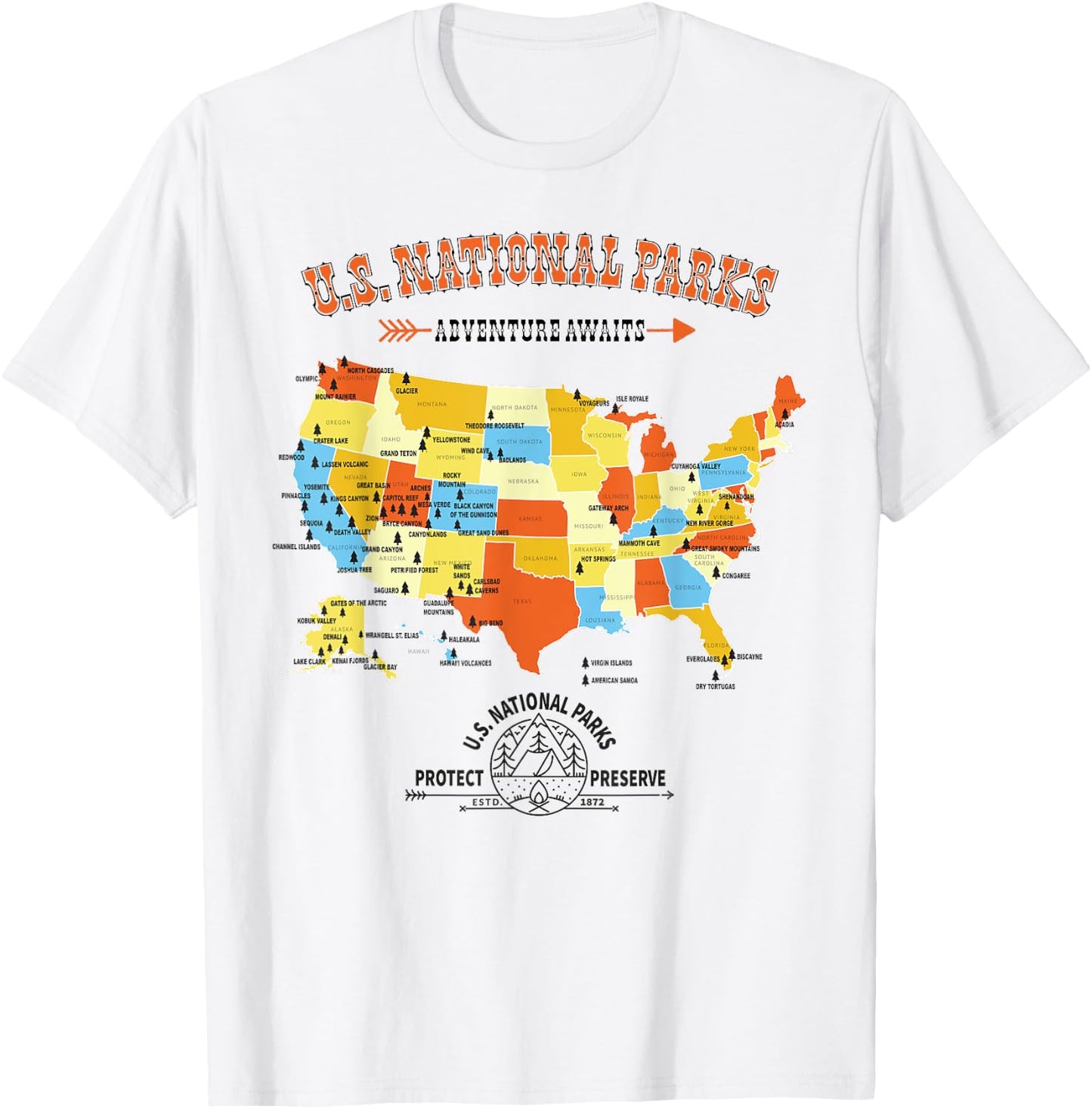 U.S. National Park Hiking Map - All 63 US National Parks Map T-Shirt - T-Shirt | White