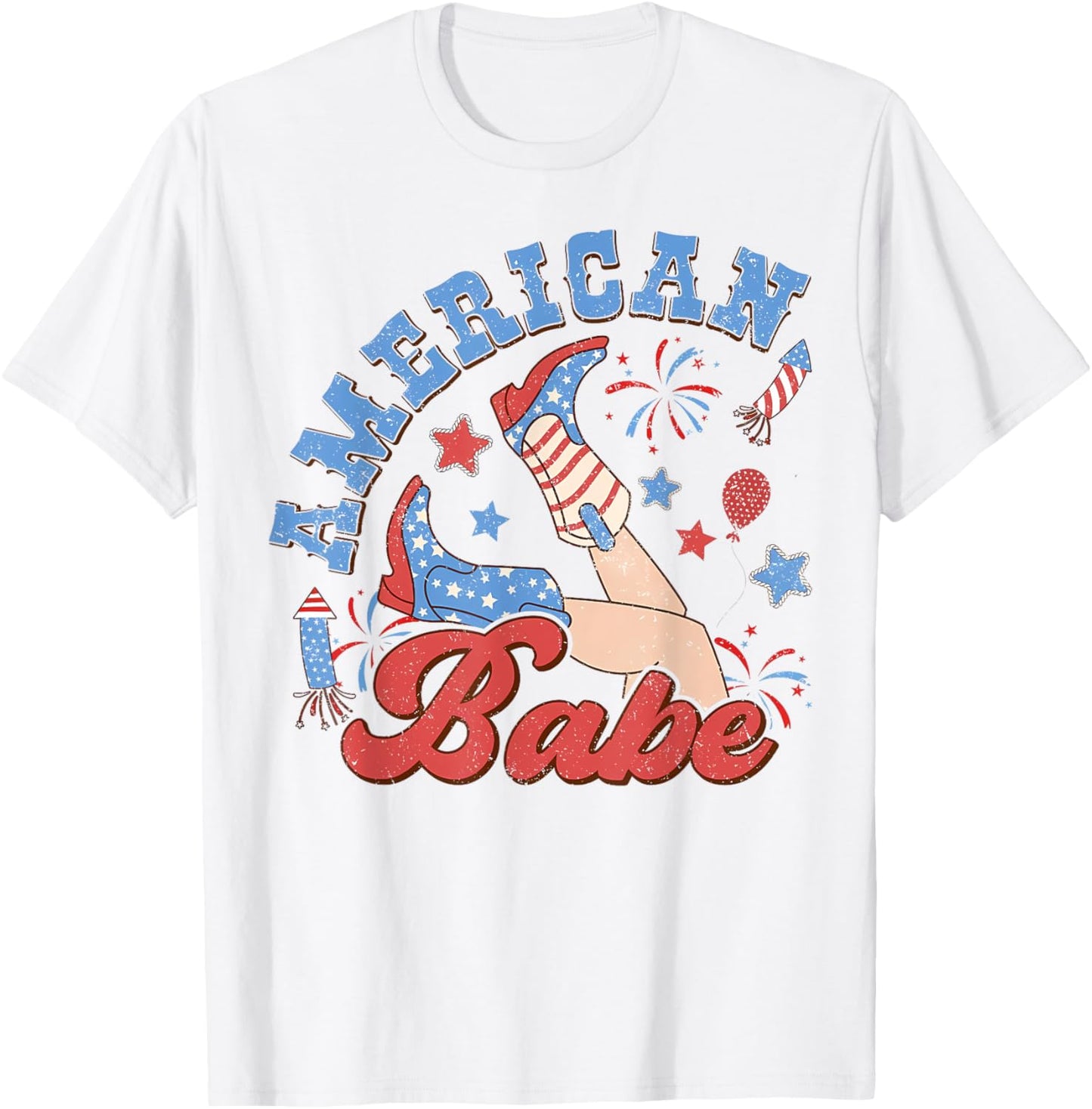 Retro American Girls Babe 4th Of July Western Cowgirl Boots T-Shirt - T-Shirt | White