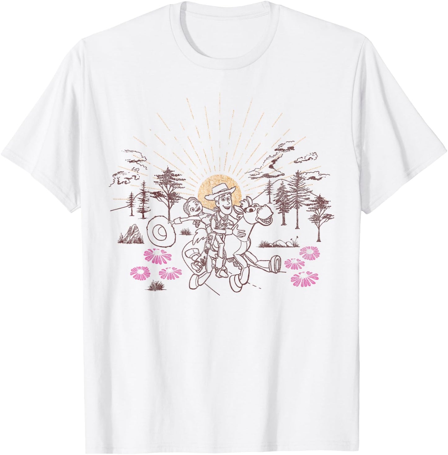 Disney Pixar Toy Story Woody Jessie Bullseye Line Art T-Shirt - T-Shirt | White