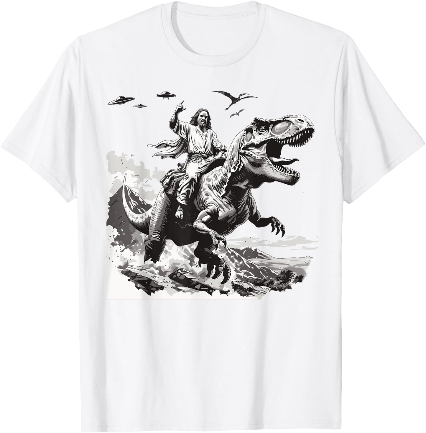 Jesus riding a dinosaur christian Religious motives funny T-Shirt - T-Shirt | White