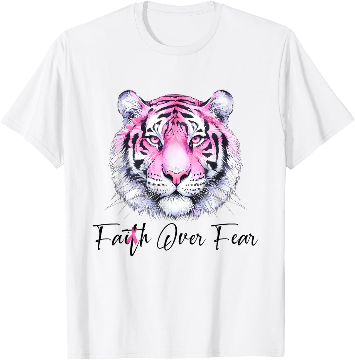 Faith Over Fear Christian Tiger Breast Cancer Awareness T-Shirt - T-Shirt | White