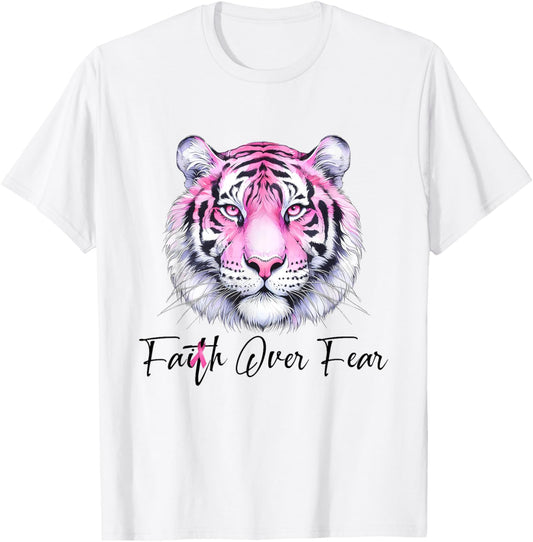 Faith Over Fear Christian Tiger Breast Cancer Awareness T-Shirt - T-Shirt | White