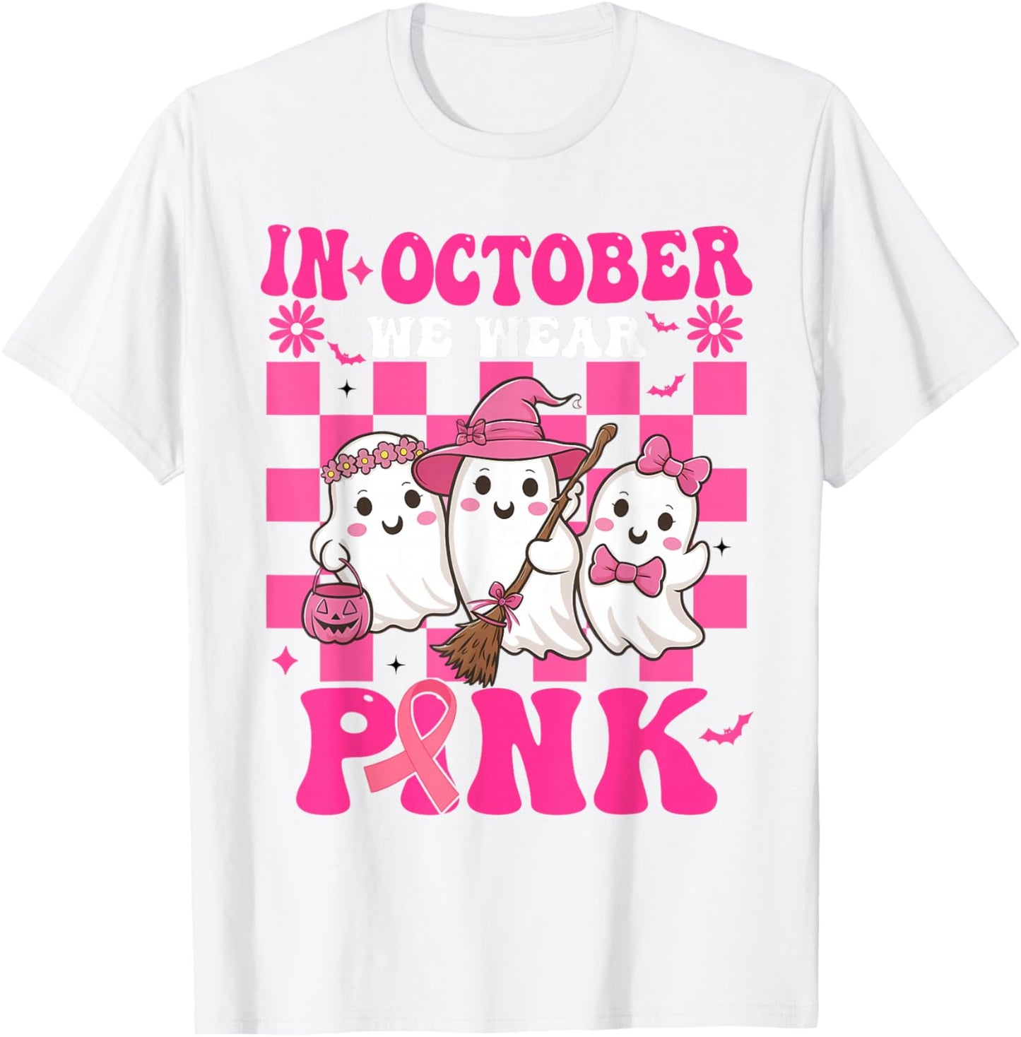 Groovy Wear Pink Breast Cancer Warrior Cute Ghost Halloween T-Shirt - T-Shirt | White