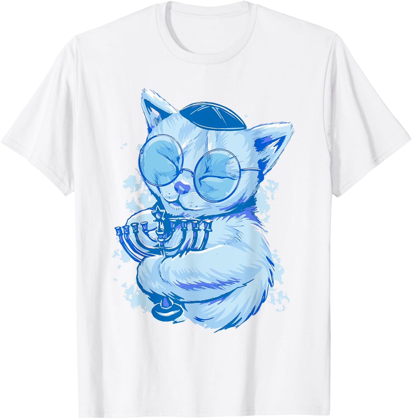 Funny Hanukkah Cat Jewish Chanukah Cat Menorah Adults Kids T-Shirt - T-Shirt | White