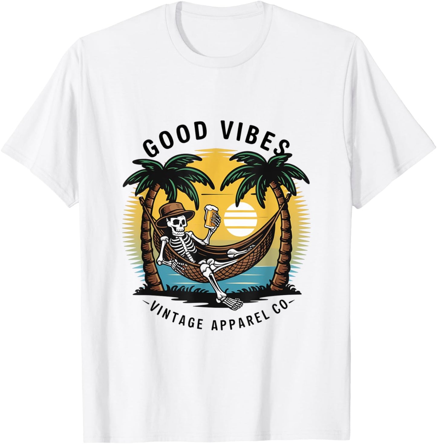 Good Vibes Skeleton Hammock Sunset T-Shirt - T-Shirt | White