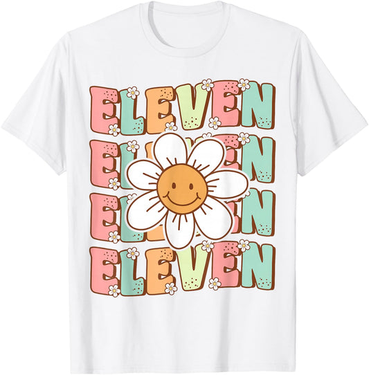 Cute Groovy 11th Birthday Party Daisy Flower Eleven Year Old T-Shirt - T-Shirt | White