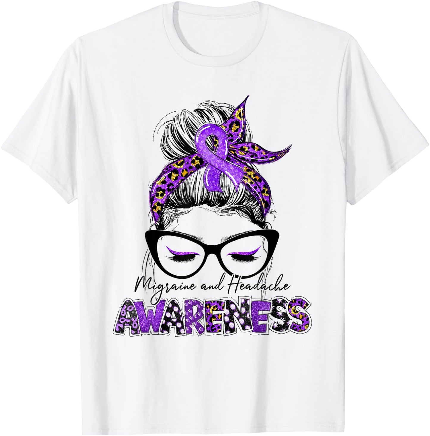 Purple Ribbon Messy Bun Migraine Headache Awareness Month T-Shirt - T-Shirt | White