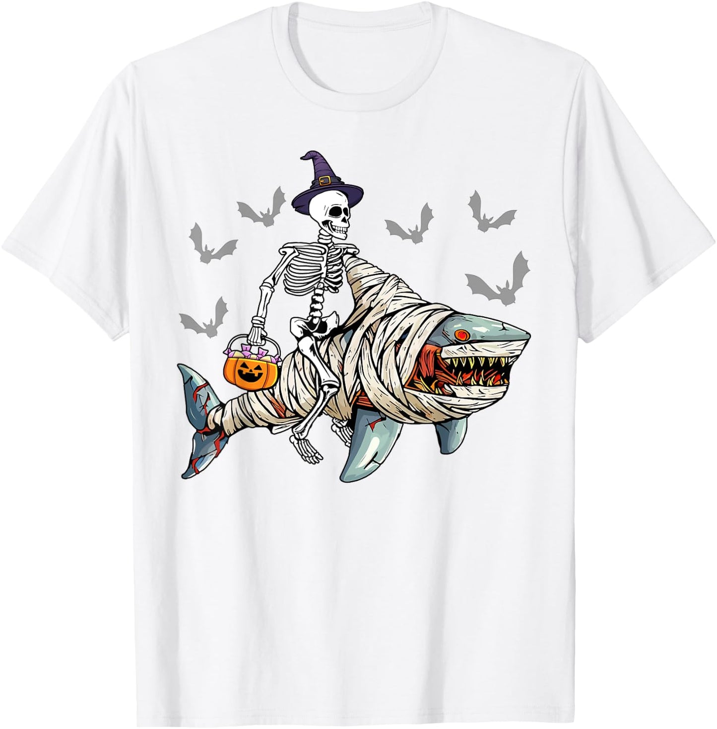 Skeleton Riding Mummy Shark Funny Halloween Pumpkin Witch T-Shirt - T-Shirt | White