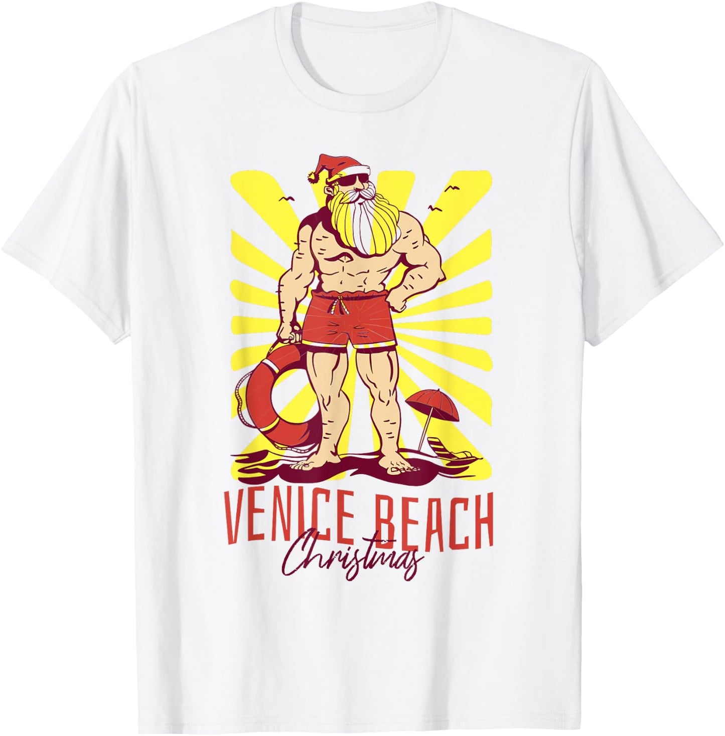 Venice Beach Christmas Buff Santa Lifeguard T-Shirt - T-Shirt | White