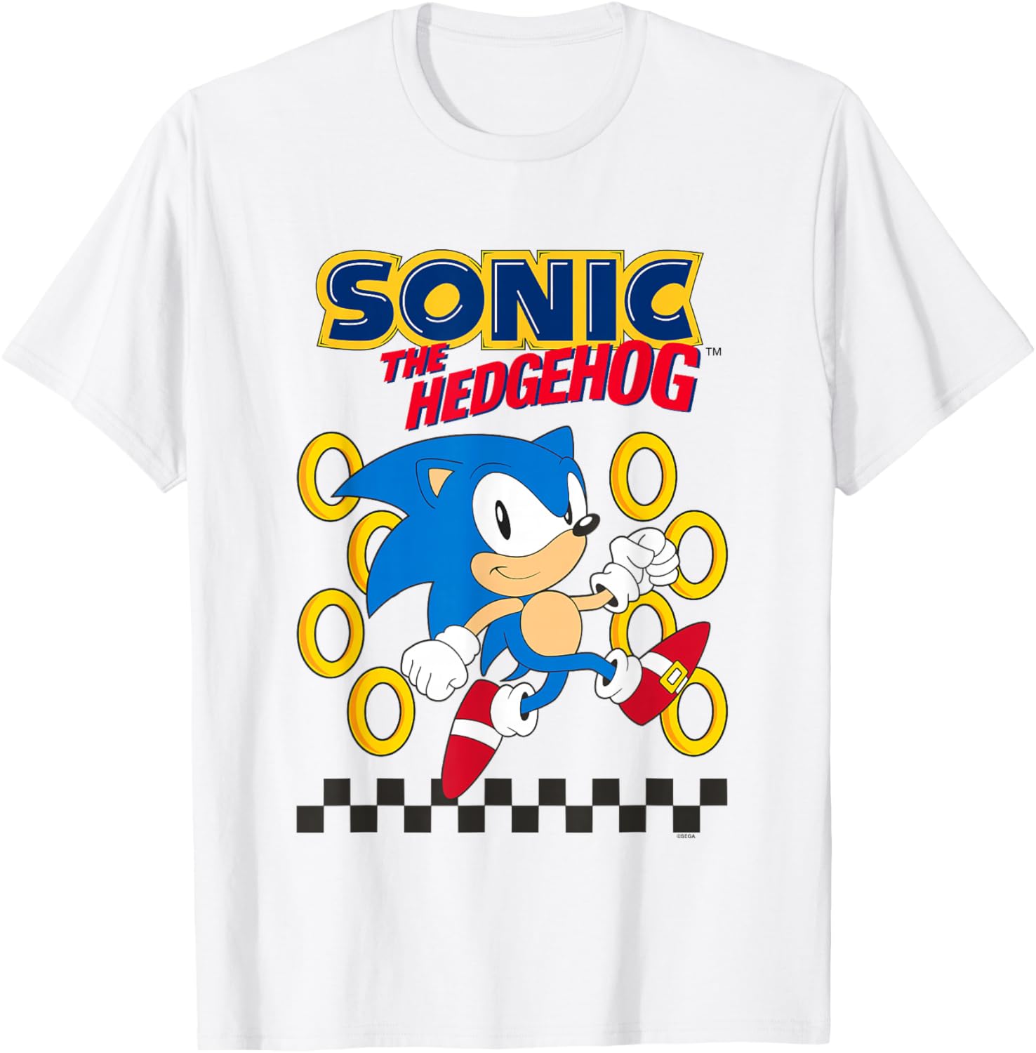 Sonic The Hedgehog Running By Golden Rings Retro Shot T-Shirt - T-Shirt | White