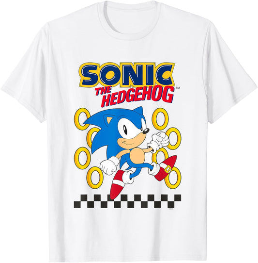 Sonic The Hedgehog Running By Golden Rings Retro Shot T-Shirt - T-Shirt | White