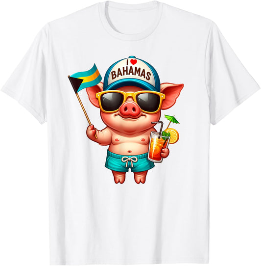 I LOVE BAHAMAS Swimming Pig Souvenir Bahamas flag Nassau T-Shirt - T-Shirt | White