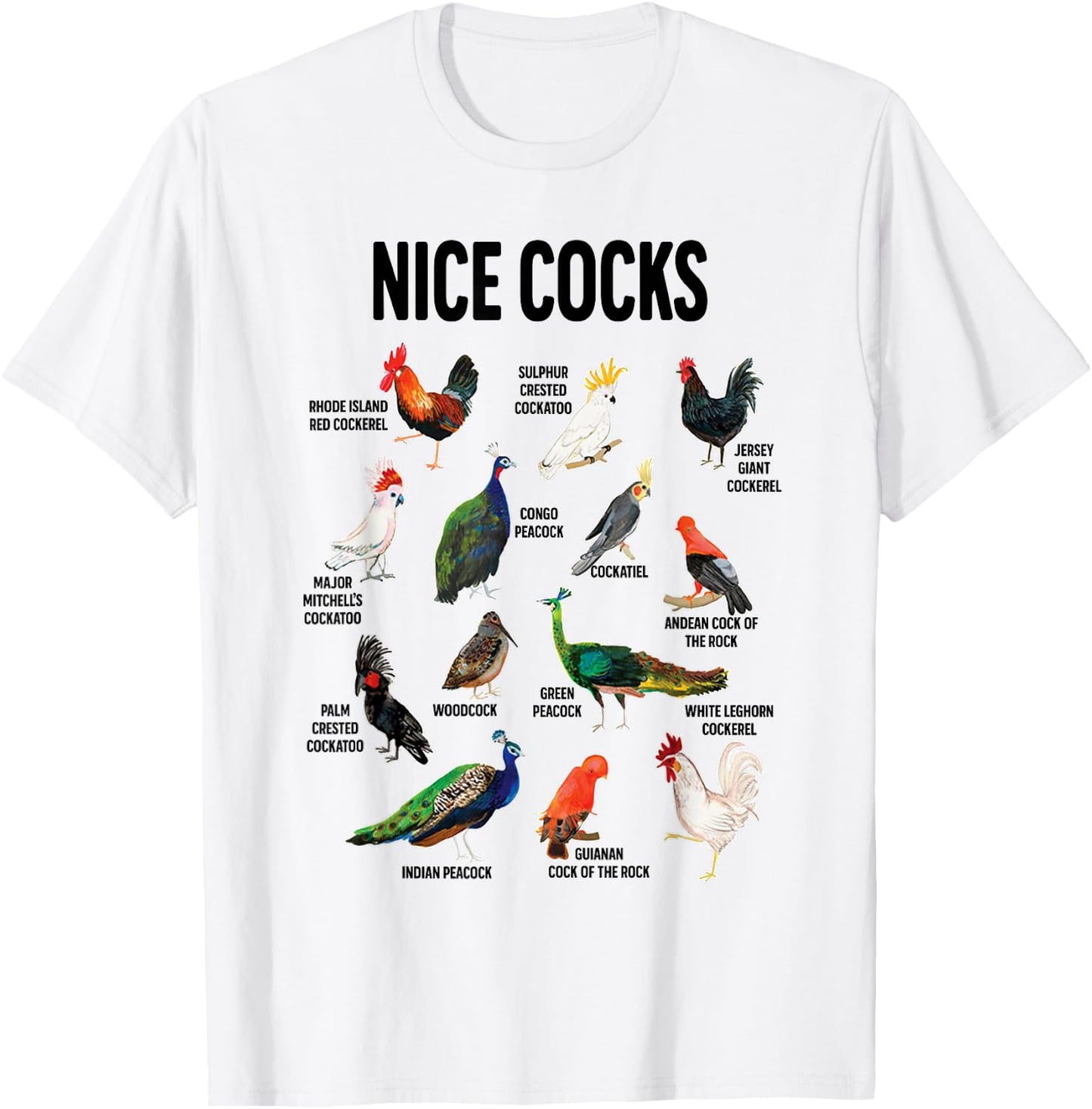 Nice Cocks Pun Adult Joke Funny Bird Lover Birdwatcher T-Shirt - T-Shirt | White
