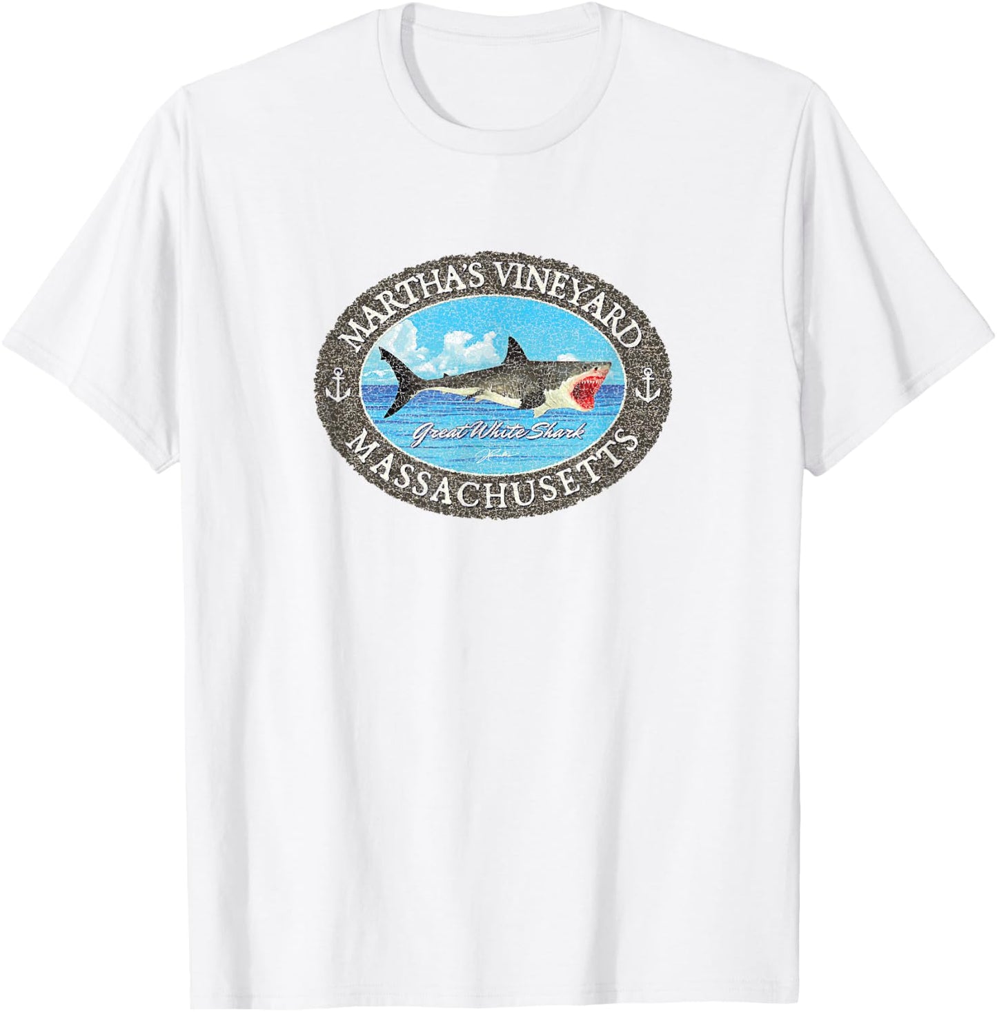 JCombs: Martha's Vineyard, MA, Great White Shark and Sea T-Shirt - T-Shirt | White