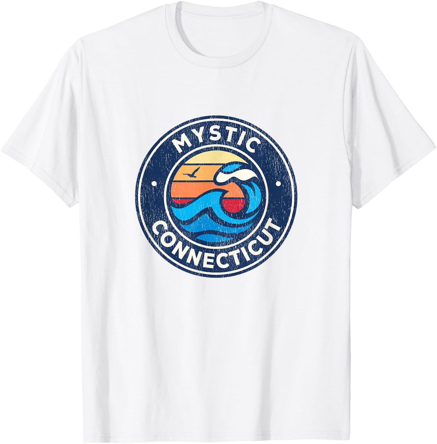 Mystic Connecticut CT Vintage Nautical Waves Design T-Shirt - T-Shirt | White