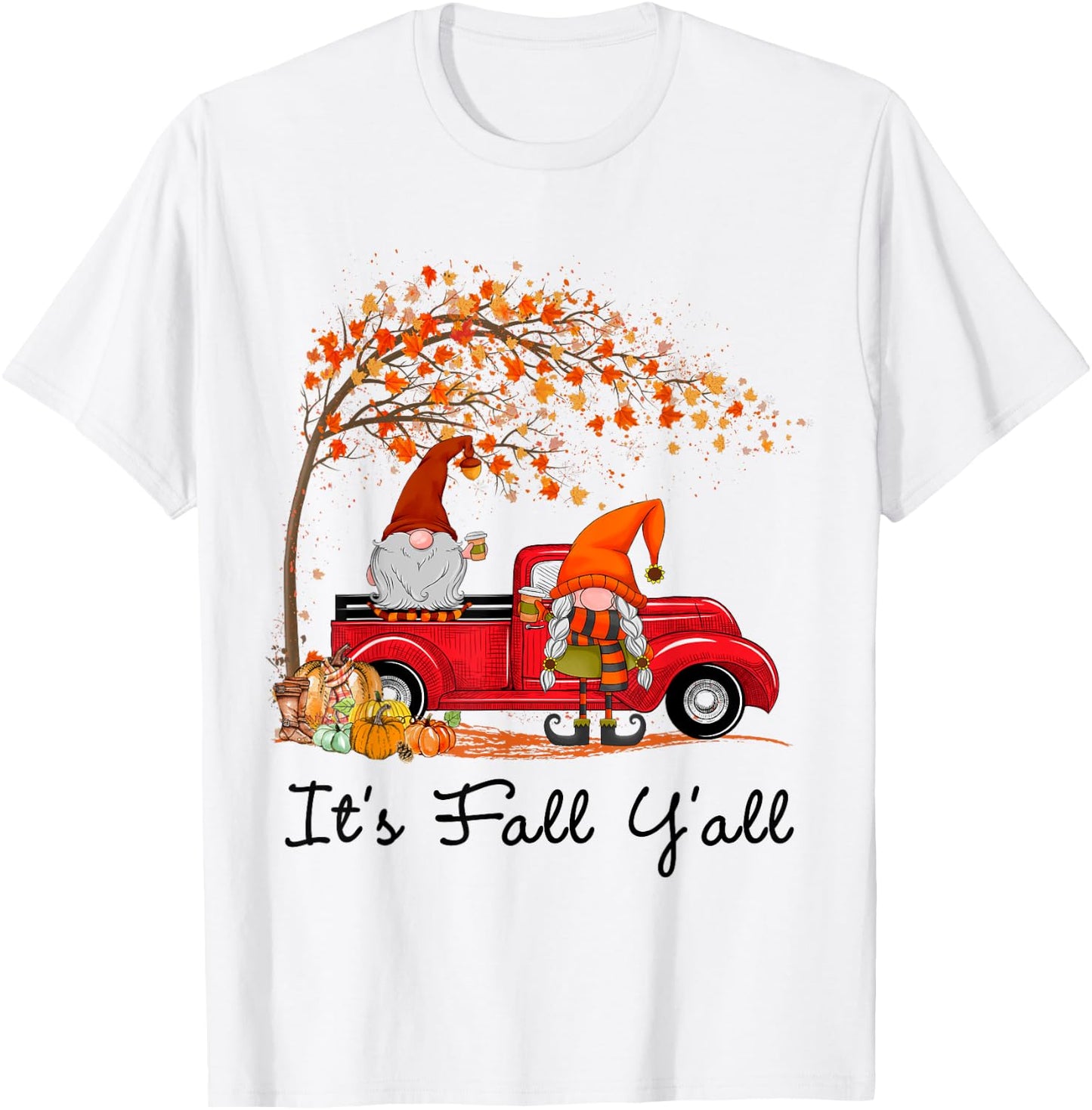 It's Fall Y'all Cute Gnomes Pumpkin Autumn Tree Fall Leaves T-Shirt - T-Shirt | White