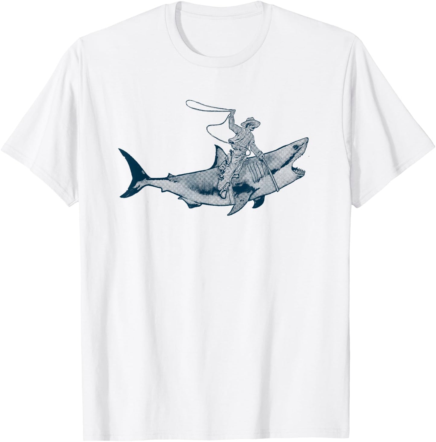 Shark Lover Rodeo Cowboy Riding Great White Vintage Funny T-Shirt - T-Shirt | White
