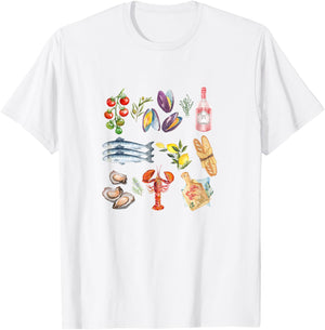 Italian Summer Scrapbook with seafood coastal Mediterranean T-Shirt - T-Shirt | White