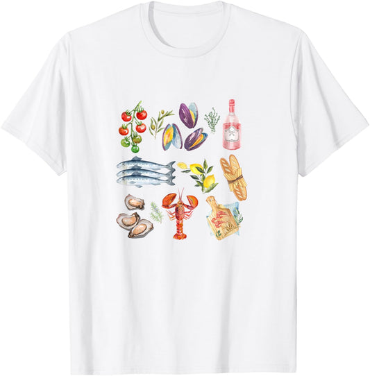 Italian Summer Scrapbook with seafood coastal Mediterranean T-Shirt - T-Shirt | White
