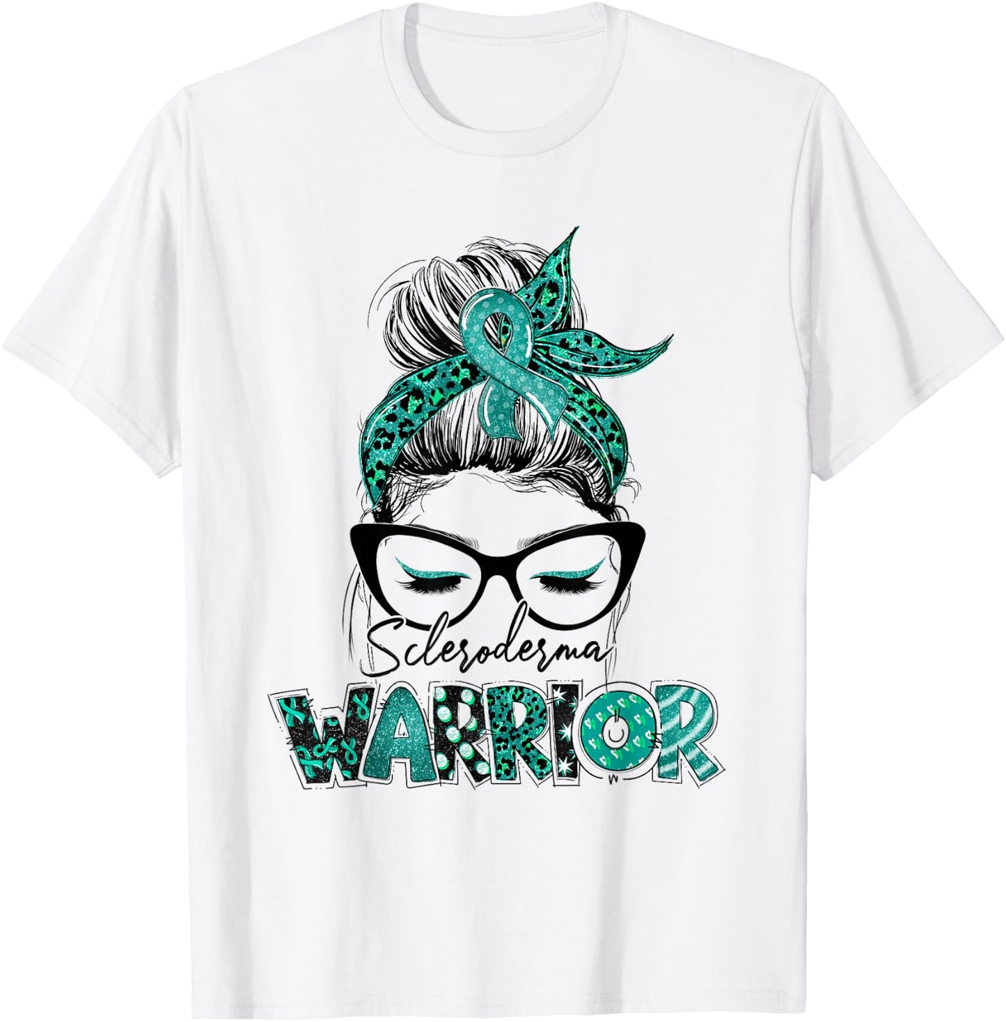 Teal Ribbon Messy Bun Hair Scleroderma Warrior T-Shirt - T-Shirt | White