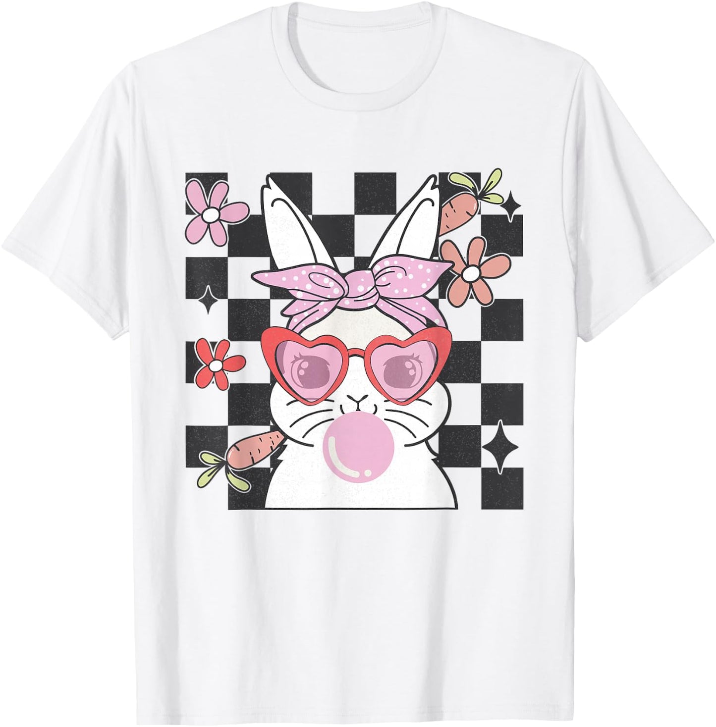Retro Groovy Easter Bunny Bubblegum Checkered Girls T-Shirt - T-Shirt | White