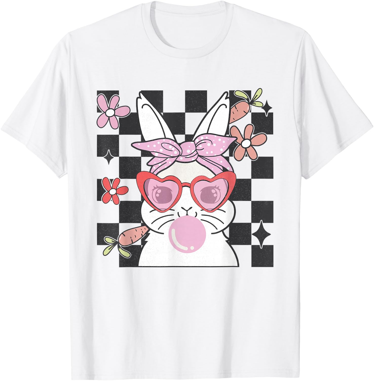 Retro Groovy Easter Bunny Bubblegum Checkered Girls T-Shirt - T-Shirt | White