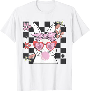Retro Groovy Easter Bunny Bubblegum Checkered Girls T-Shirt - T-Shirt | White