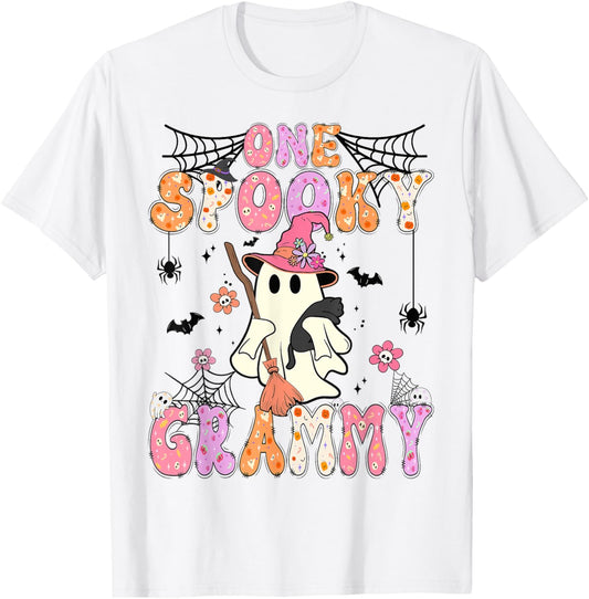 Groovy One Spooky Grammy Retro Halloween Cute Ghost T-Shirt - T-Shirt | White
