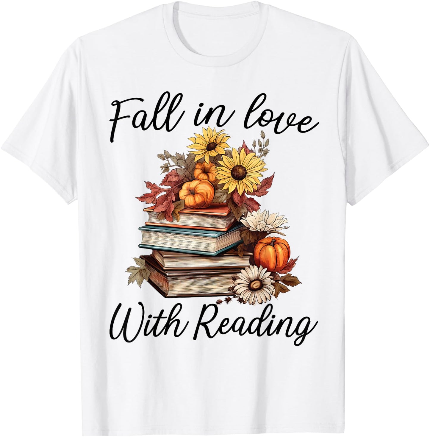 Fall In Love With Reading Book Autumn Teachers Pumpkins T-Shirt - T-Shirt | White
