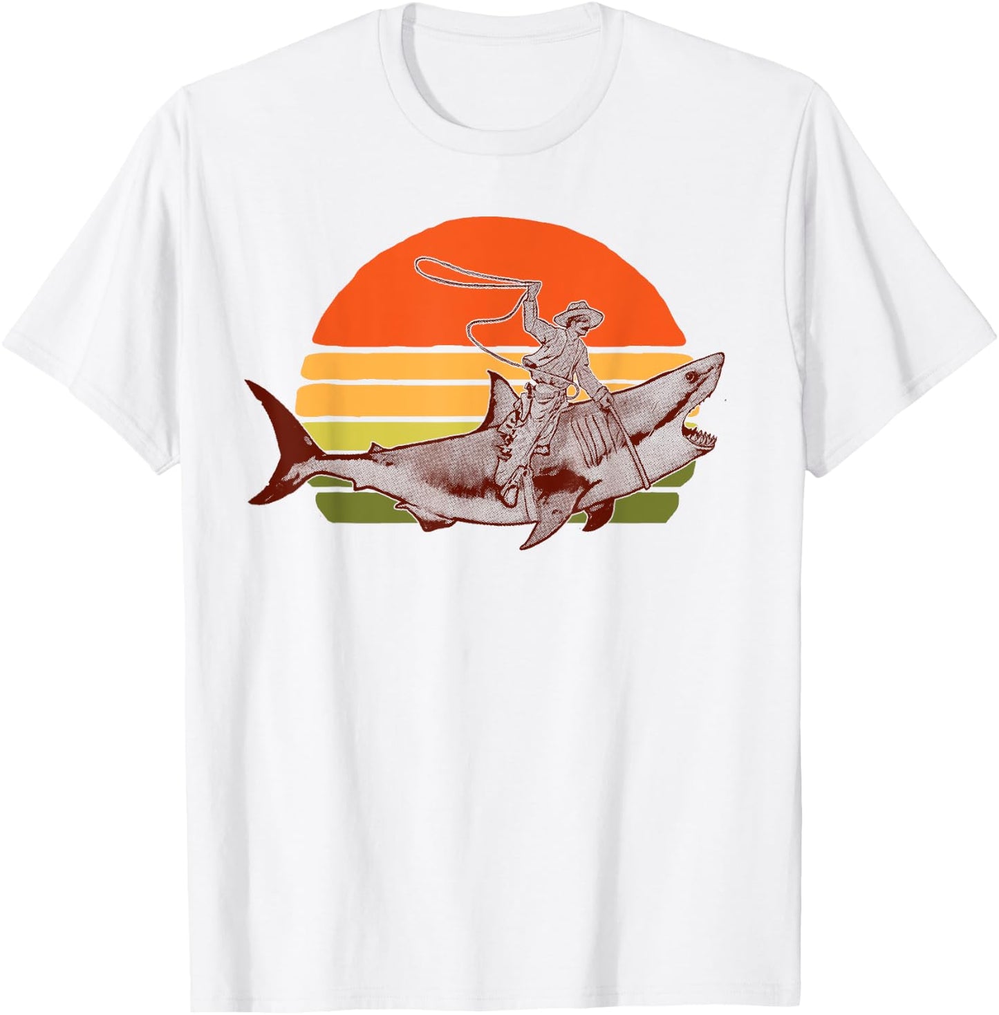 Shark Lover Rodeo Cowboy Riding Great White Vintage Funny T-Shirt - T-Shirt | White