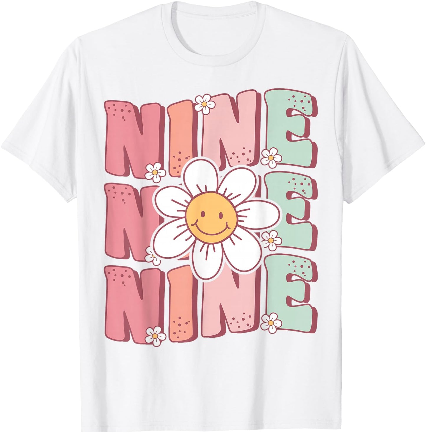 Cute Groovy 9th Birthday Party Daisy Flower Nine Year Old T-Shirt - T-Shirt | White