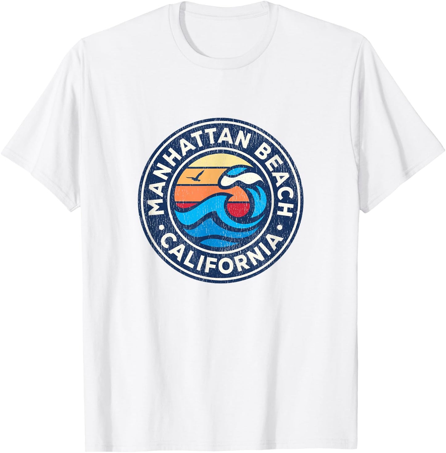 Manhattan Beach California CA Vintage Nautical Waves Design T-Shirt - T-Shirt | White