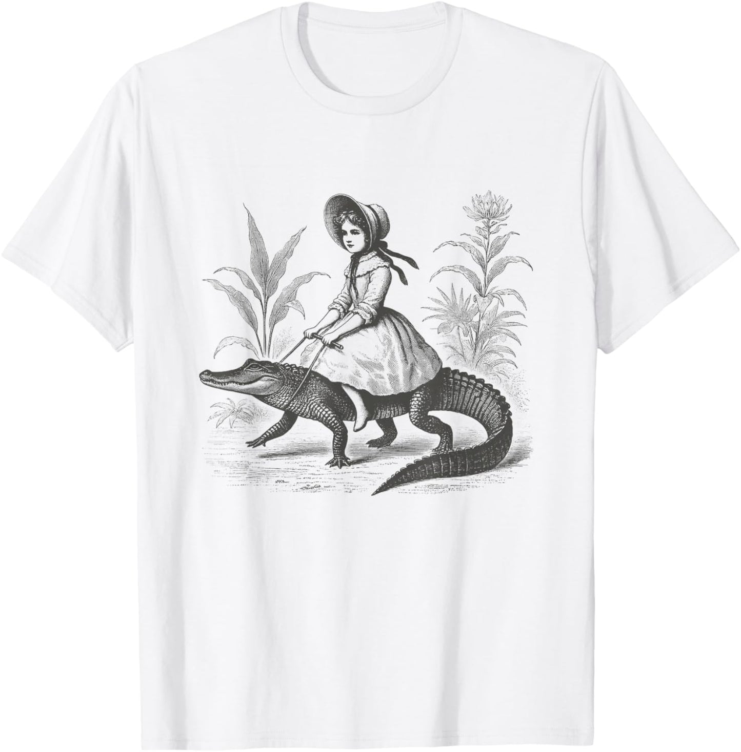 Girl Riding Alligator Vintage Weird Art Ladies Men T-Shirt - T-Shirt | White