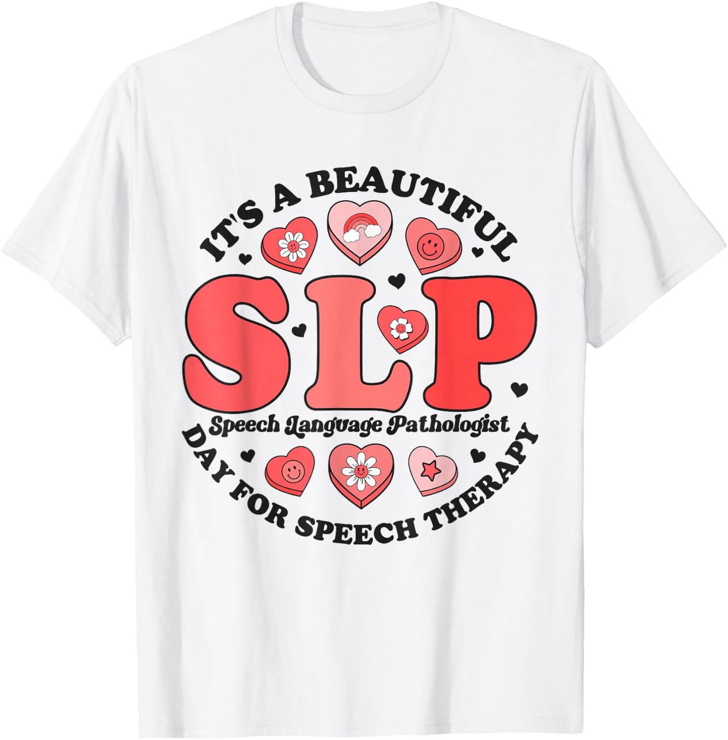 SLP Speech Therapy Pathologist Crew Groovy Valentines Hearts T-Shirt - T-Shirt | White