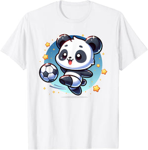 Panda Soccer Player Kicking Soccer Ball Cute Girls Graphic T-Shirt - T-Shirt | White