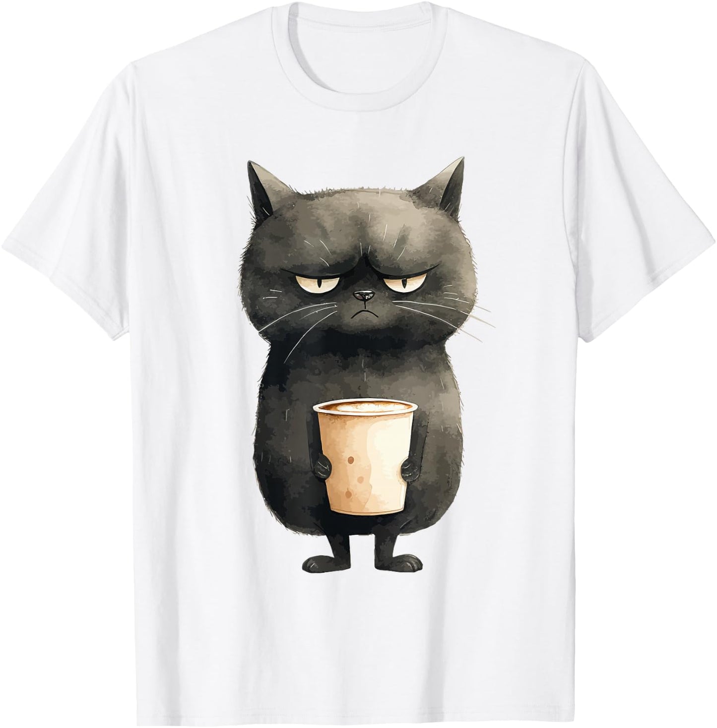 Grumpy Black Cat with Latte Coffee T-Shirt - T-Shirt | White