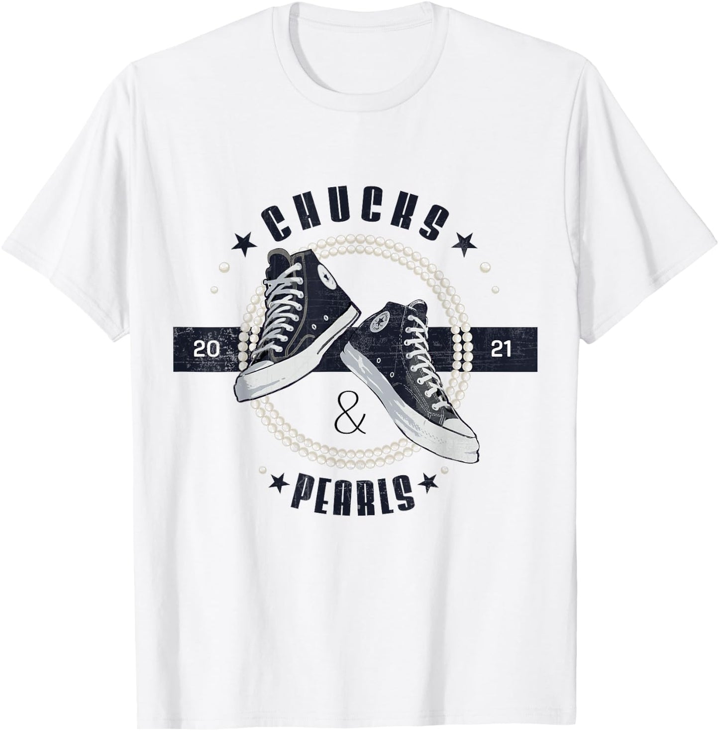Chucks and Pearls 2021 Circle Retro Vintage Gift T-Shirt - T-Shirt | White